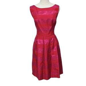 Trina Turk Dress Womens 12 Red Pink Metallic Striped Pleated Cocktail Party USA